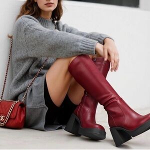 Vegan Leather Red Platform Knee-High Boots. Wider Calf, Block , Heel. New. 6.5